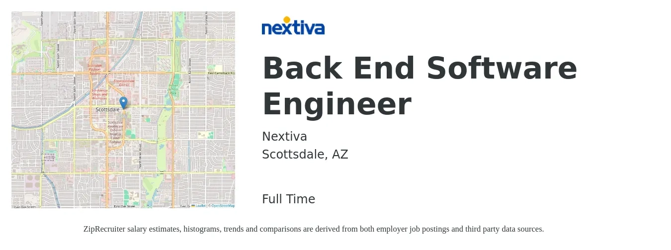 Nextiva job posting for a Back End Software Engineer in Scottsdale, AZ with a salary of $124,900 to $173,300 Yearly with a map of Scottsdale location.
