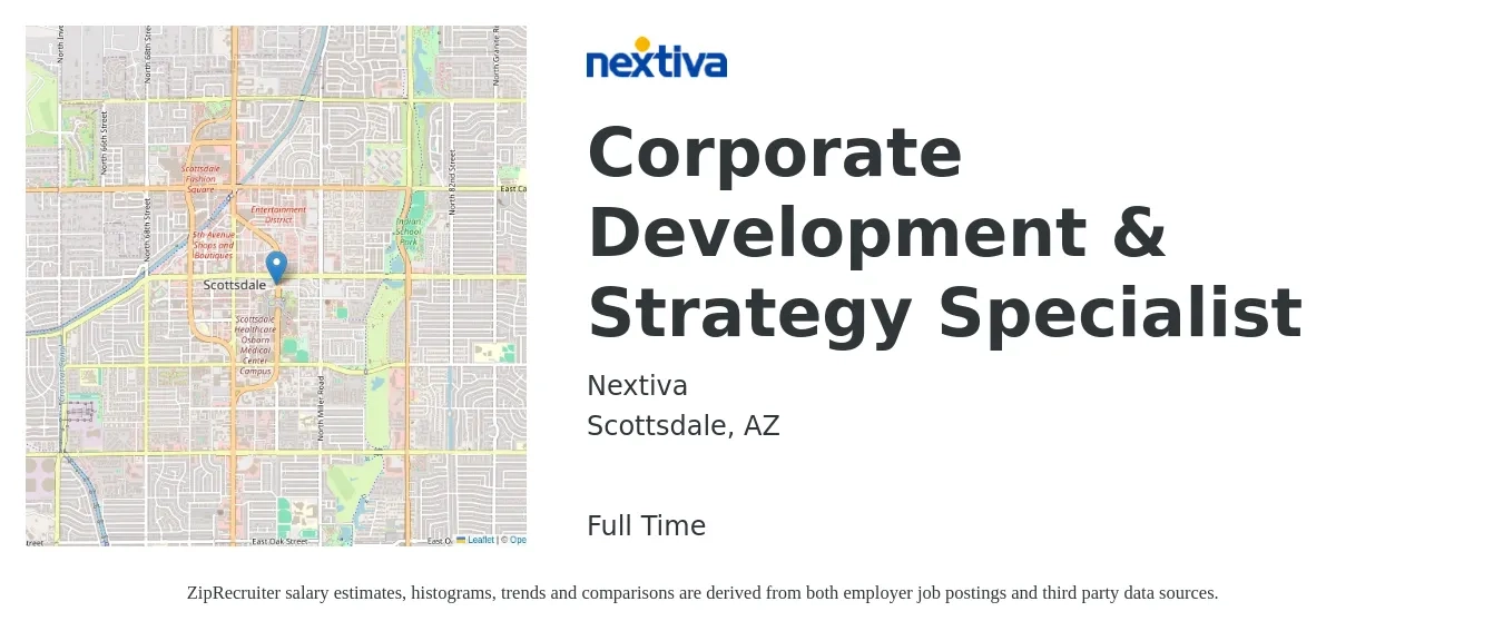 Nextiva job posting for a Corporate Development & Strategy Specialist in Scottsdale, AZ with a salary of $67,000 to $136,000 Yearly with a map of Scottsdale location.