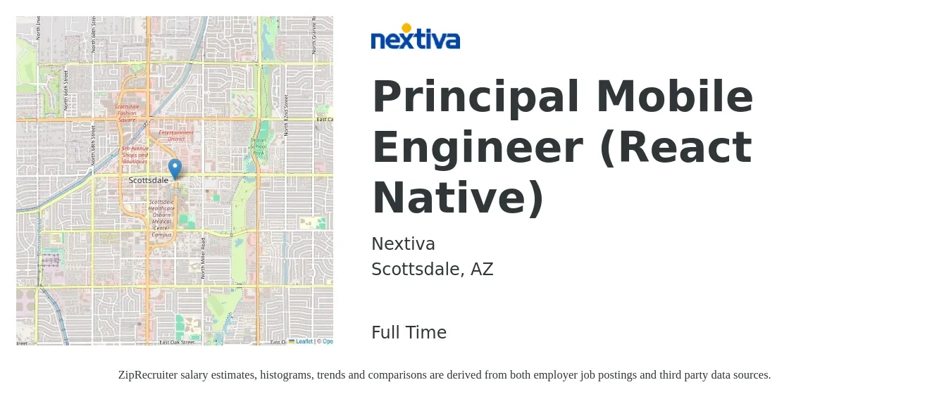 Nextiva job posting for a Principal Mobile Engineer (React Native) in Scottsdale, AZ with a salary of $48 to $82 Hourly with a map of Scottsdale location.