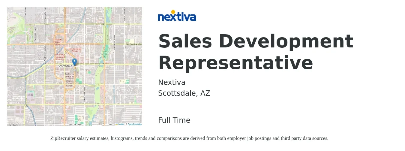 Nextiva job posting for a Sales Development Representative in Scottsdale, AZ with a salary of $42,300 to $61,500 Yearly with a map of Scottsdale location.