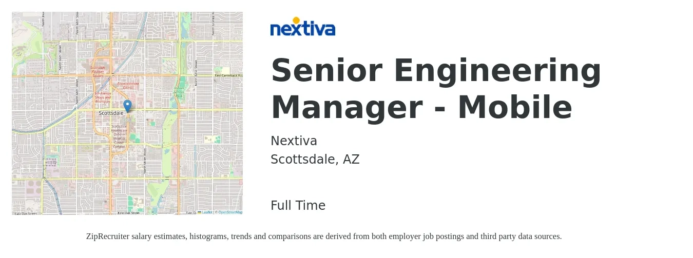 Nextiva job posting for a Senior Engineering Manager (Mobile) in Scottsdale, AZ with a salary of $114,300 to $164,200 Yearly with a map of Scottsdale location.