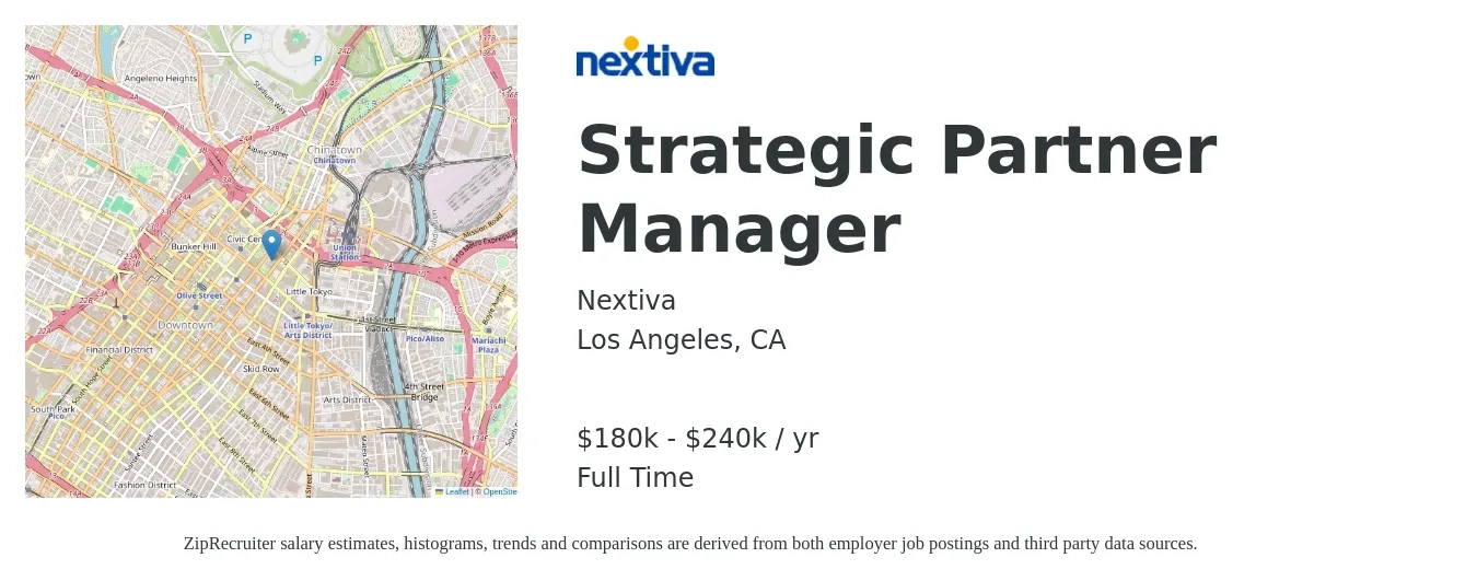 Nextiva job posting for a Strategic Partner Manager in Los Angeles, CA with a salary of $180,000 to $240,000 Yearly with a map of Los Angeles location.