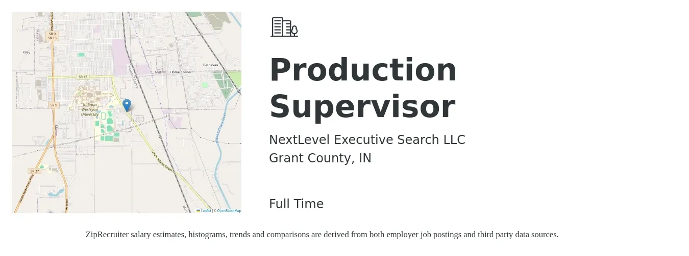 NextLevel Executive Search LLC job posting for a Production Supervisor in Grant County, IN with a salary of $47,500 to $68,300 Yearly with a map of Grant County location.
