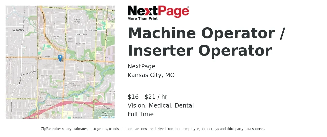 NextPage job posting for a Machine Operator / Inserter Operator in Kansas City, MO with a salary of $17 to $22 Hourly and benefits including life_insurance, medical, retirement, vision, and dental with a map of Kansas City location.