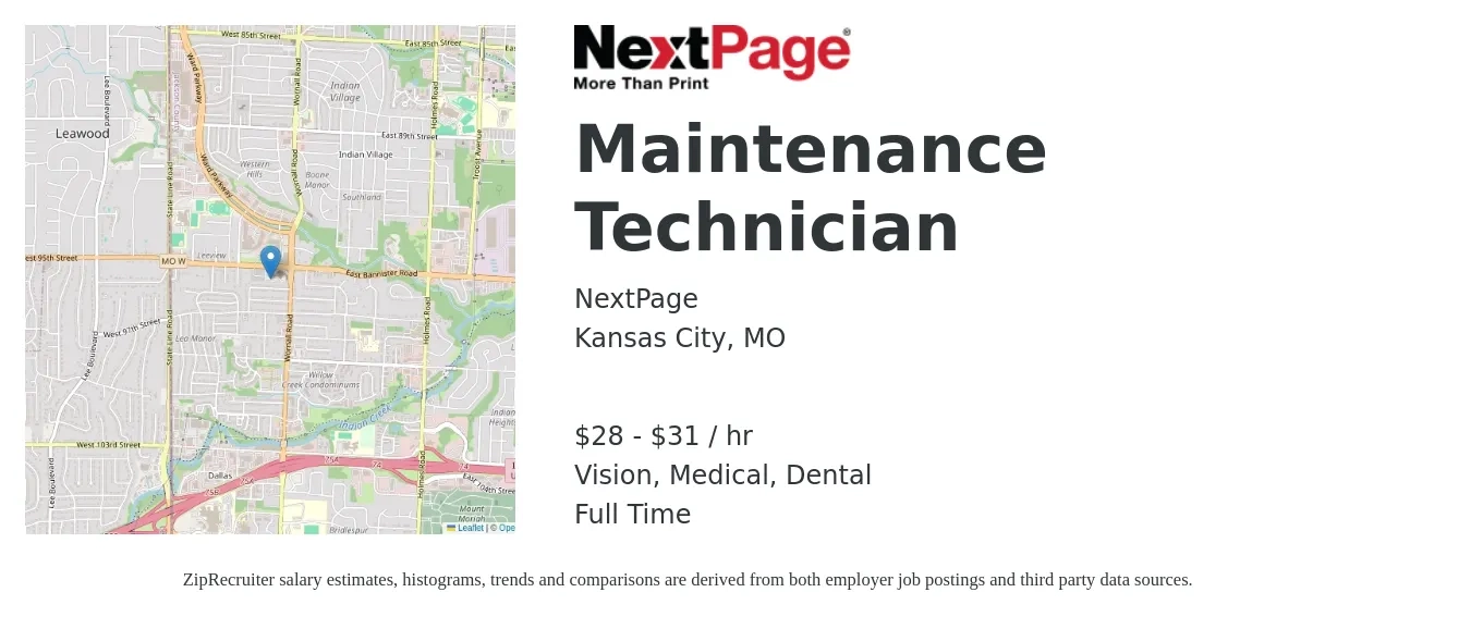 NextPage job posting for a Maintenance Technician in Kansas City, MO with a salary of $30 to $33 Hourly and benefits including medical, retirement, vision, dental, and life_insurance with a map of Kansas City location.