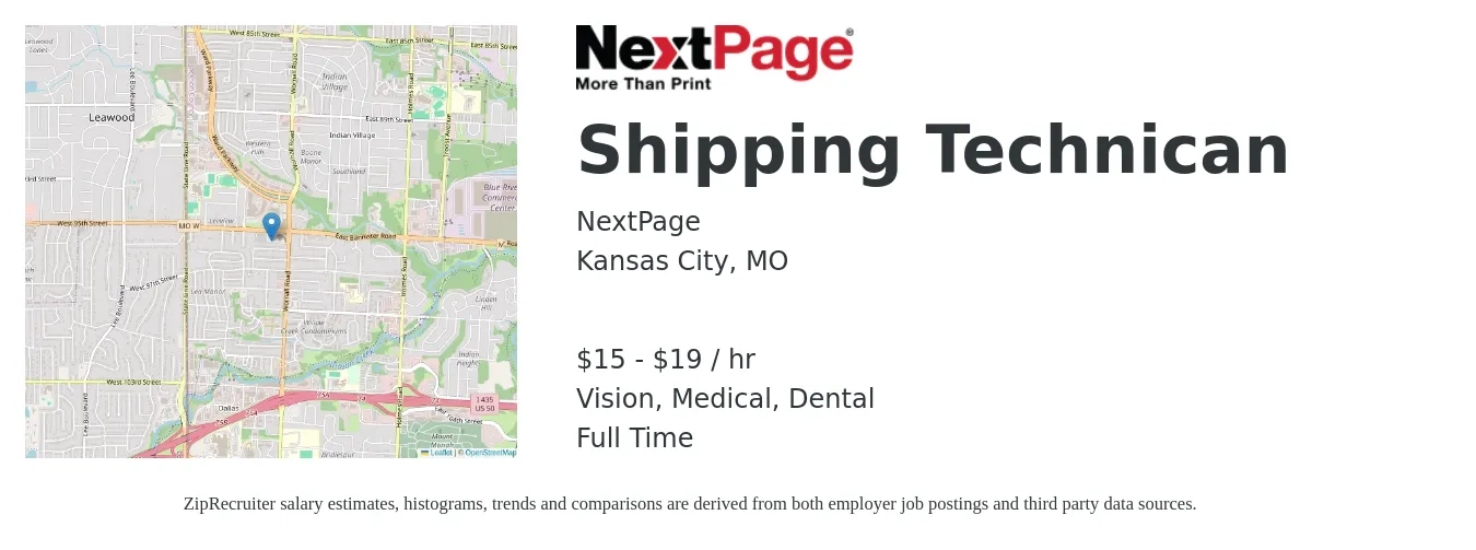 NextPage job posting for a Shipping Technican in Kansas City, MO with a salary of $16 to $20 Hourly and benefits including vision, dental, life_insurance, medical, and retirement with a map of Kansas City location.