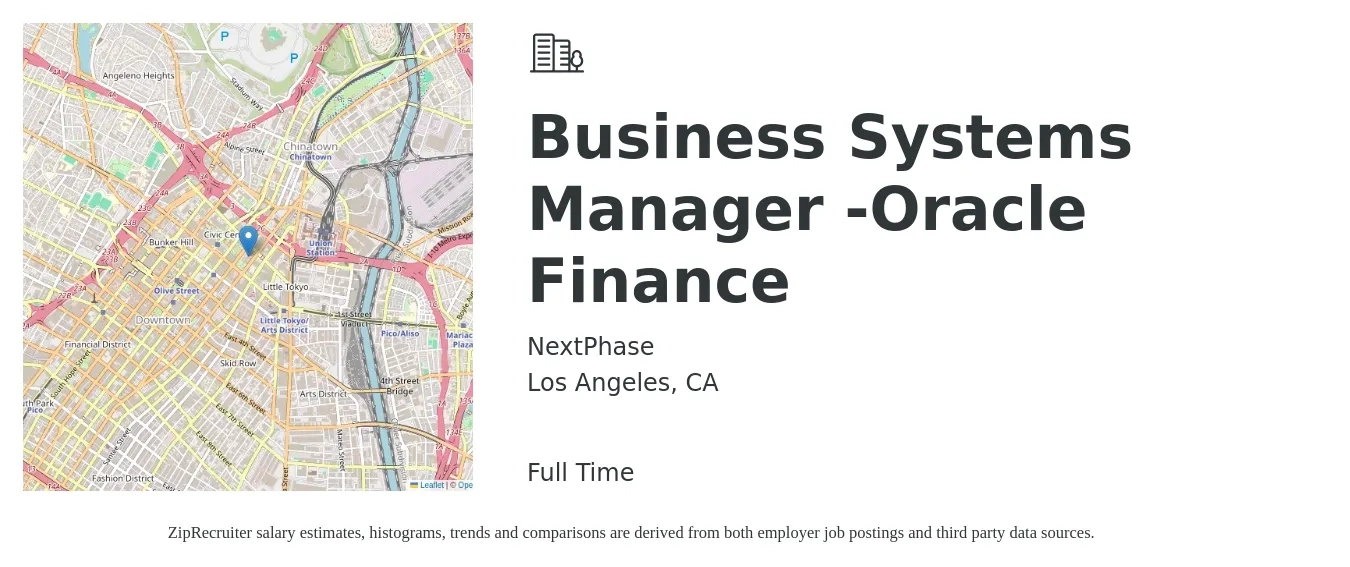 NextPhase job posting for a Business Systems Manager -Oracle Finance in Los Angeles, CA with a salary of $91,000 to $127,100 Yearly with a map of Los Angeles location.