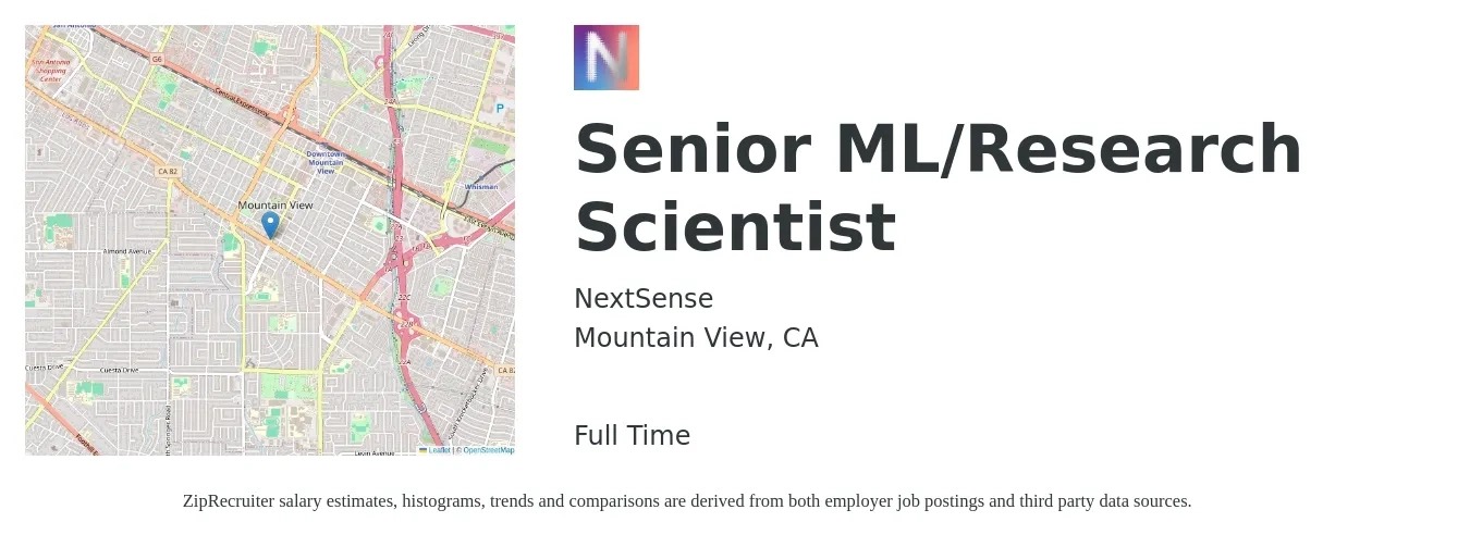 NextSense job posting for a Senior ML/Research Scientist in Mountain View, CA with a salary of $116,100 to $148,000 Yearly with a map of Mountain View location.