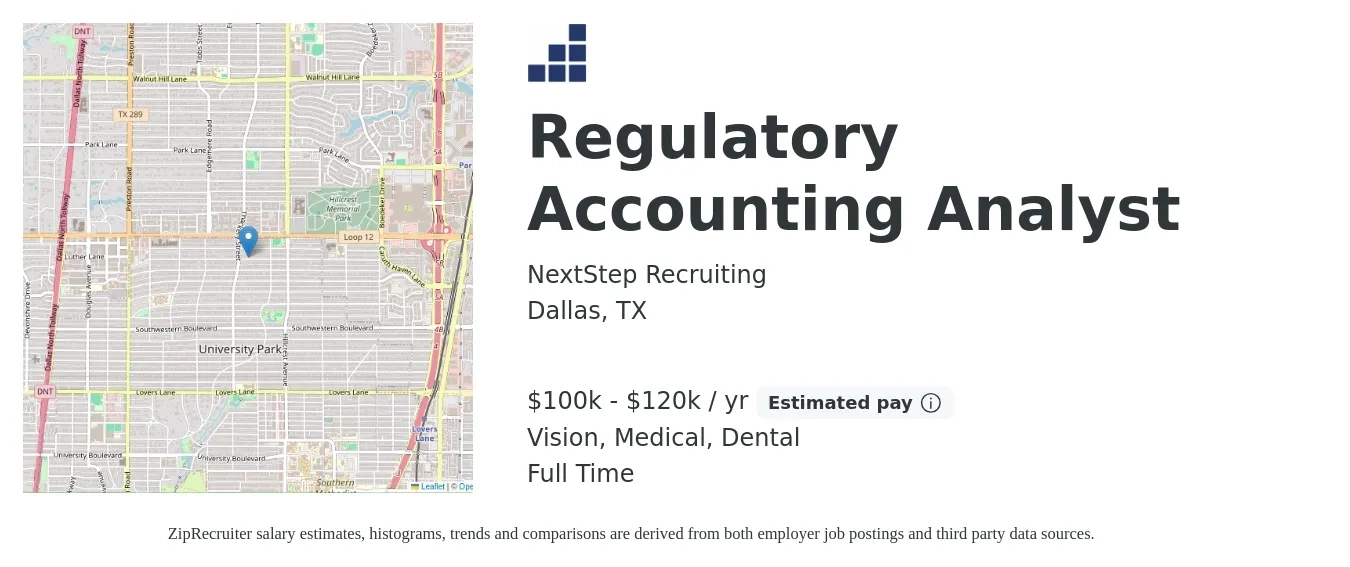 NextStep Recruiting job posting for a Regulatory Accounting Analyst in Dallas, TX with a salary of $100,000 to $120,000 Yearly and benefits including dental, medical, and vision with a map of Dallas location.
