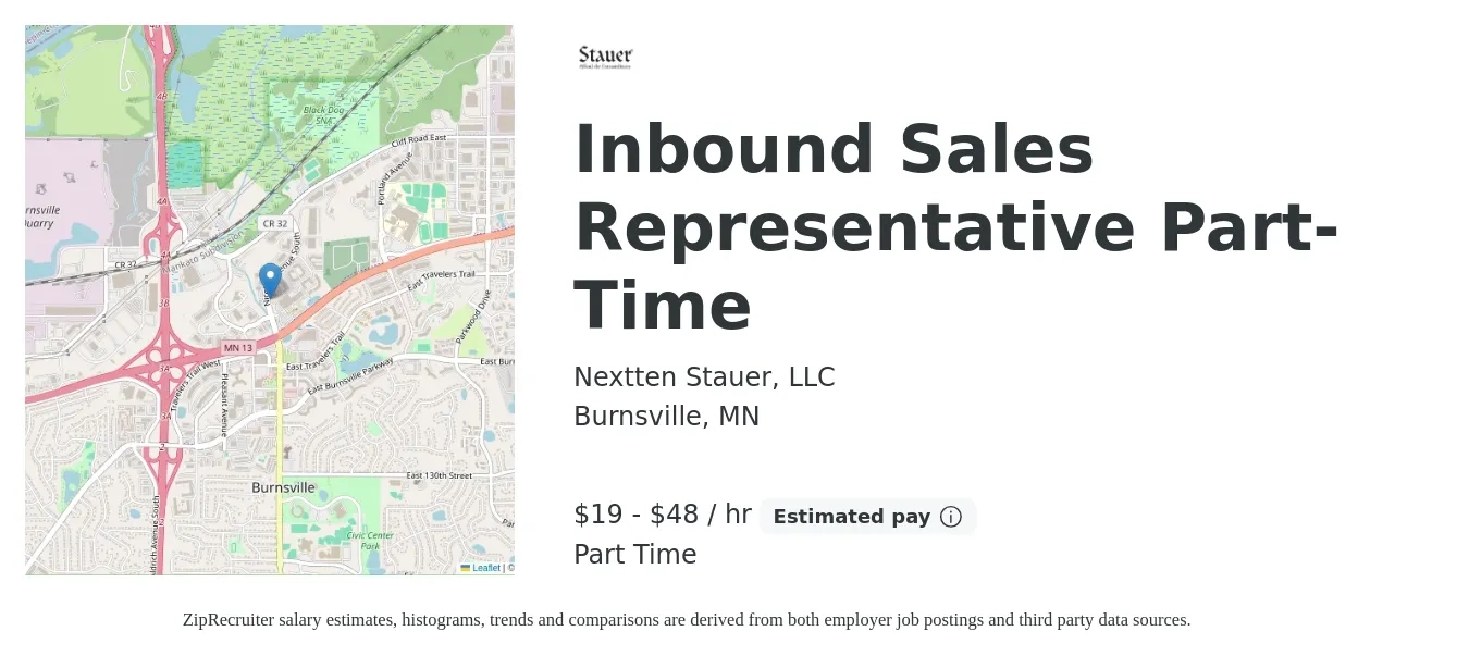 Nextten Stauer, LLC job posting for a Inbound Sales Representative Part-Time in Burnsville, MN with a salary of $20 to $50 Hourly with a map of Burnsville location.