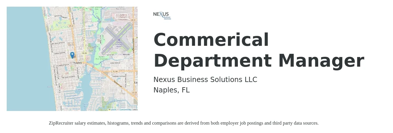 Nexus Business Solutions LLC job posting for a Commerical Department Manager in Naples, FL with a salary of $33,700 to $79,500 Yearly with a map of Naples location.