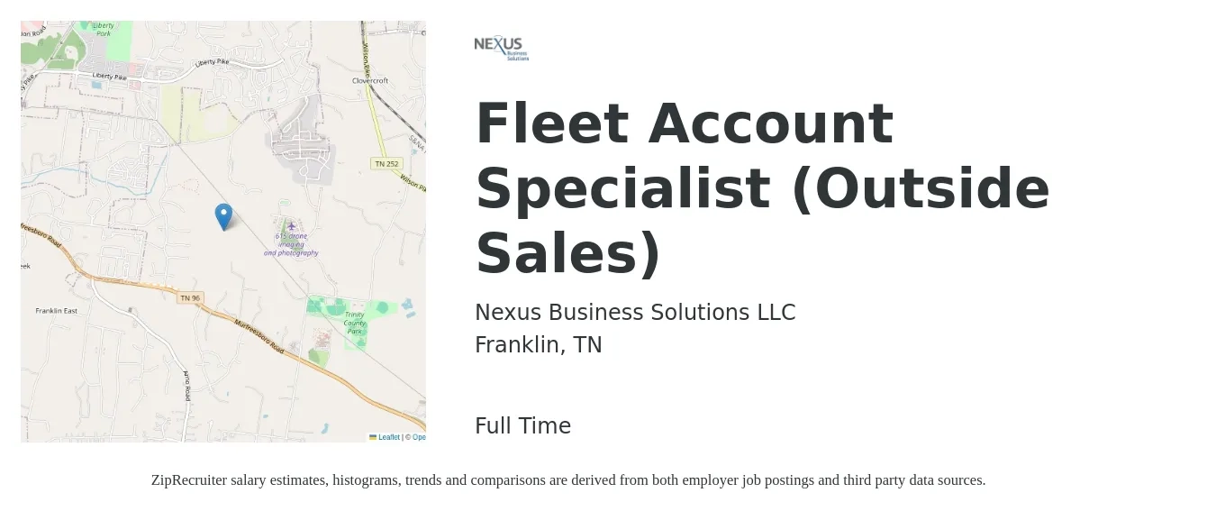 Nexus Business Solutions LLC job posting for a Fleet Account Specialist (Outside Sales) in Franklin, TN with a salary of $61,700 to $90,200 Yearly with a map of Franklin location.