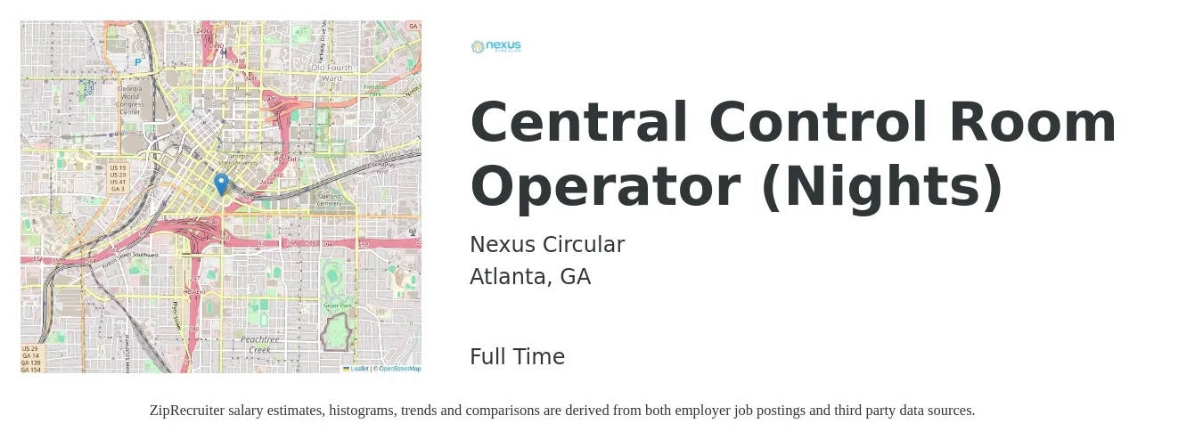 Nexus Circular job posting for a Central Control Room Operator (Nights) in Atlanta, GA with a salary of $18 to $26 Hourly with a map of Atlanta location.