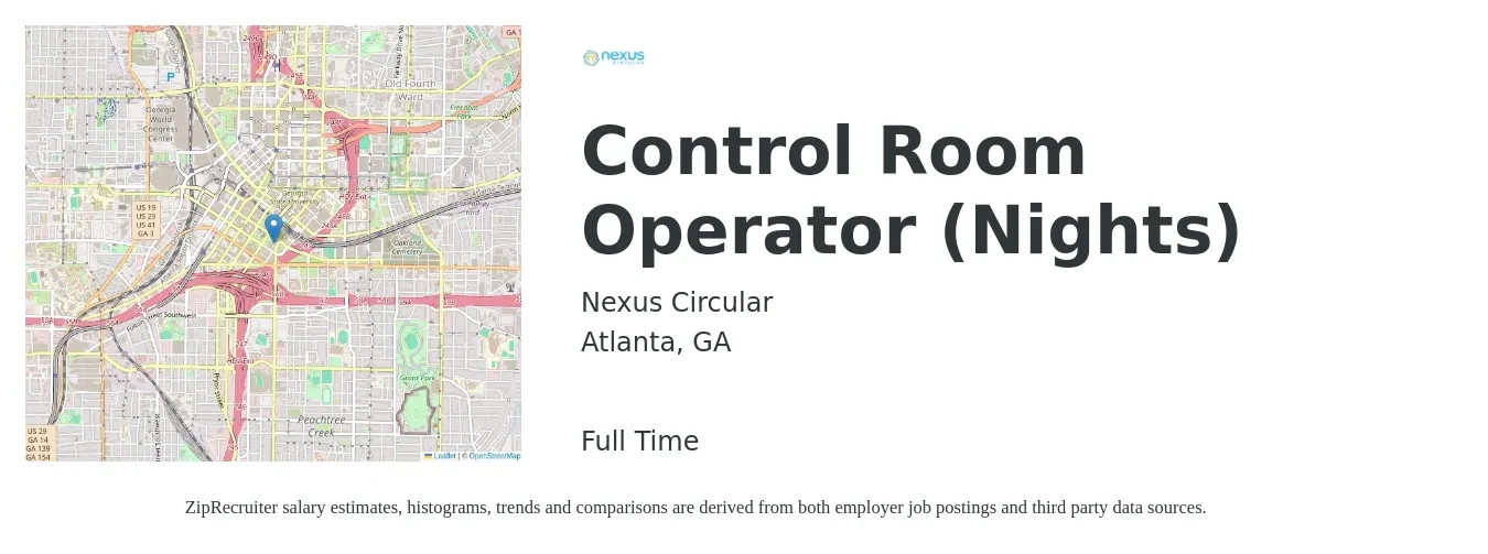 Nexus Circular job posting for a Control Room Operator (Nights) in Atlanta, GA with a salary of $18 to $26 Hourly with a map of Atlanta location.