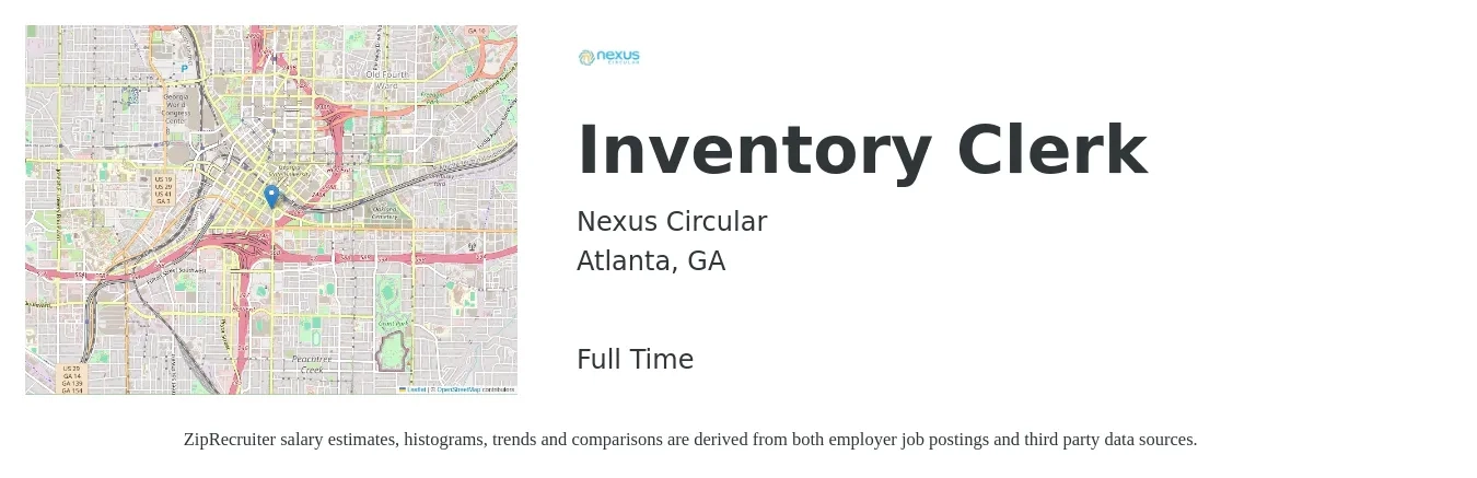 Nexus Circular job posting for a Inventory Clerk in Atlanta, GA with a salary of $16 to $20 Hourly with a map of Atlanta location.