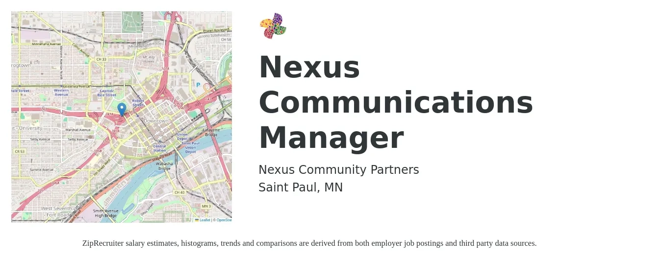 Nexus Community Partners job posting for a Nexus Communications Manager in Saint Paul, MN with a salary of $66,500 to $98,300 Yearly with a map of Saint Paul location.