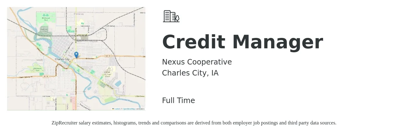 Nexus Cooperative job posting for a Credit Manager in Charles City, IA with a salary of $32,600 to $83,800 Yearly with a map of Charles City location.