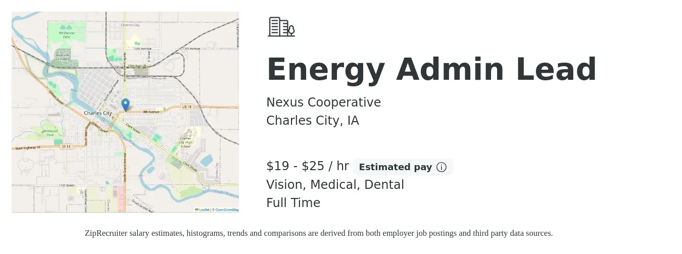Nexus Cooperative job posting for a Energy Admin Lead in Charles City, IA with a salary of $35,800 to $47,600 Yearly with a map of Charles City location.