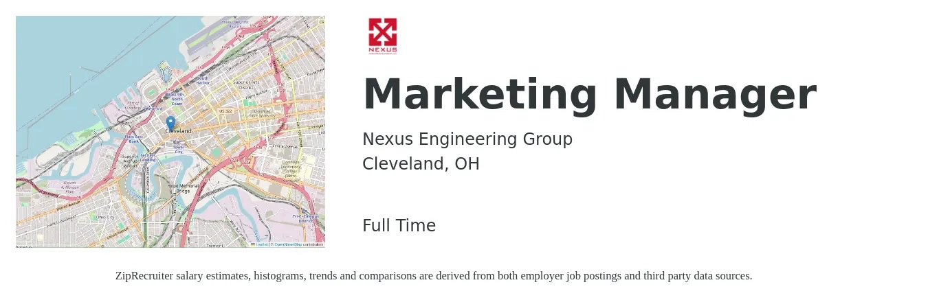 Nexus Engineering Group job posting for a Marketing Manager in Cleveland, OH with a salary of $58,100 to $94,800 Yearly with a map of Cleveland location.