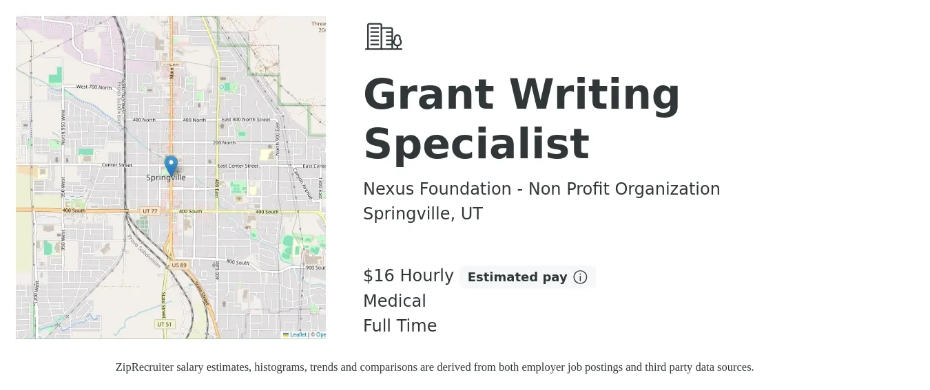 Nexus Foundation - Non Profit Organization job posting for a Grant Writing Specialist in Springville, UT with a salary of $17 Hourly (plus commission) and benefits including medical, and pto with a map of Springville location.