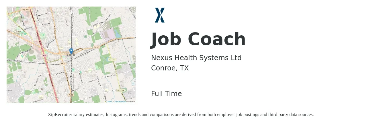 Nexus Health Systems Ltd job posting for a Job Coach in Conroe, TX with a salary of $14 to $18 Hourly with a map of Conroe location.