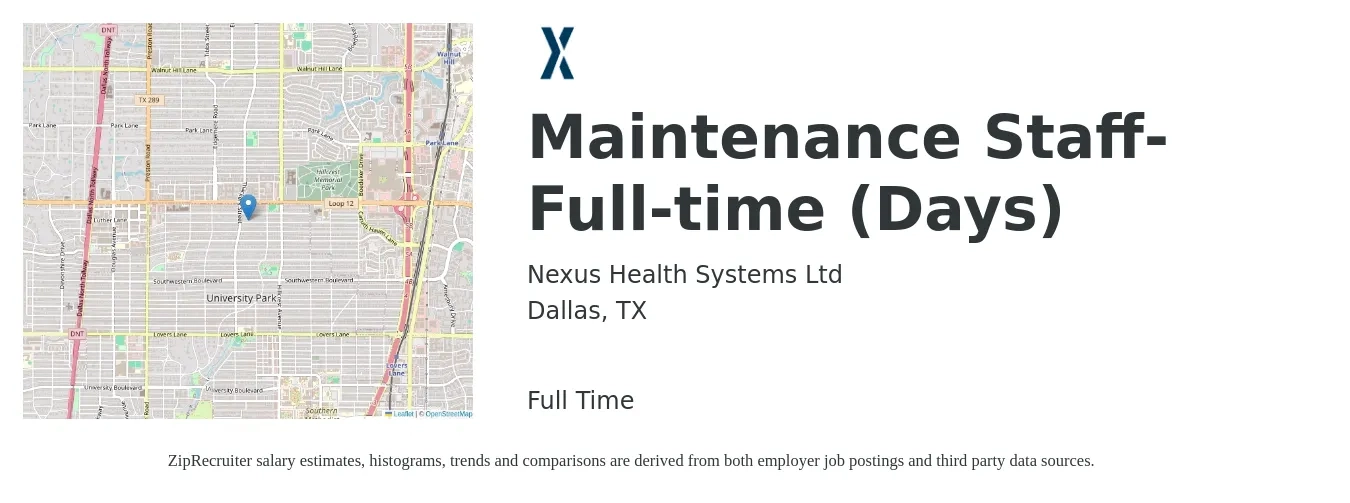 Nexus Health Systems Ltd job posting for a Maintenance Staff-Full-time (Days) in Dallas, TX with a salary of $14 to $20 Hourly with a map of Dallas location.