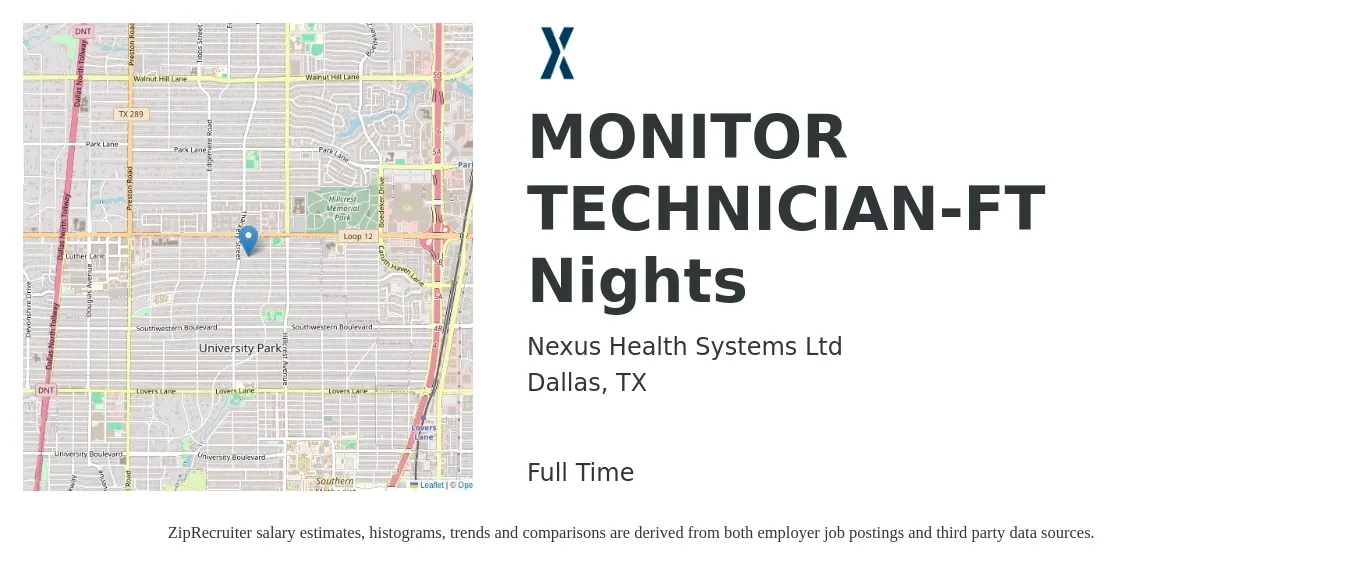Nexus Health Systems Ltd job posting for a MONITOR TECHNICIAN-FT Nights in Dallas, TX with a salary of $16 to $24 Hourly with a map of Dallas location.