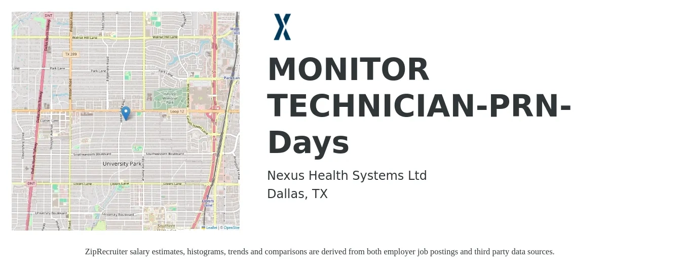 Nexus Health Systems Ltd job posting for a MONITOR TECHNICIAN-PRN-Days in Dallas, TX with a salary of $16 to $24 Hourly with a map of Dallas location.