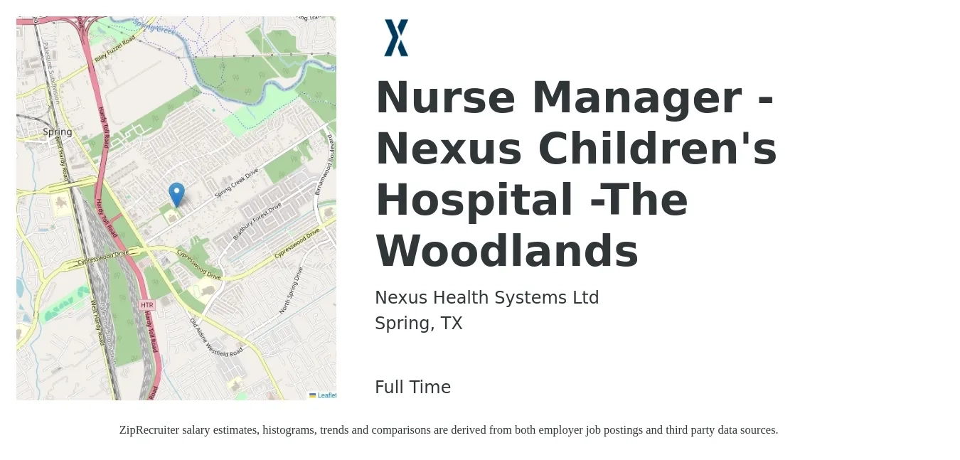 Nexus Health Systems Ltd job posting for a Nurse Manager - Nexus Children's Hospital -The Woodlands in Spring, TX with a salary of $36 to $53 Hourly with a map of Spring location.