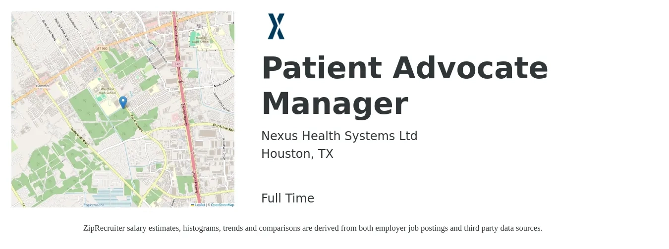 Nexus Health Systems Ltd job posting for a Patient Advocate Manager in Houston, TX with a salary of $18 to $24 Hourly with a map of Houston location.