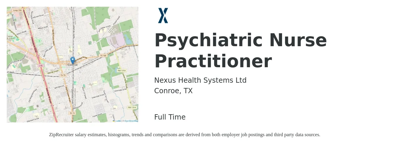 Nexus Health Systems Ltd job posting for a Psychiatric Nurse Practitioner in Conroe, TX with a salary of $100,000 to $158,000 Yearly with a map of Conroe location.