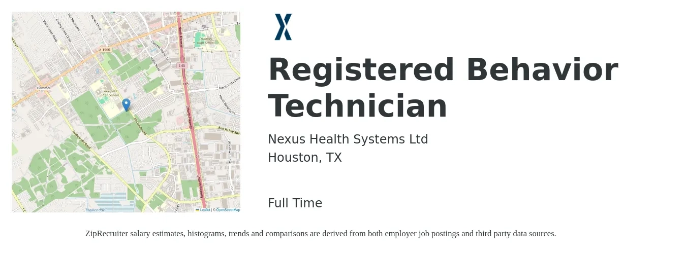 Nexus Health Systems Ltd job posting for a Registered Behavior Technician in Houston, TX with a salary of $19 to $24 Hourly with a map of Houston location.