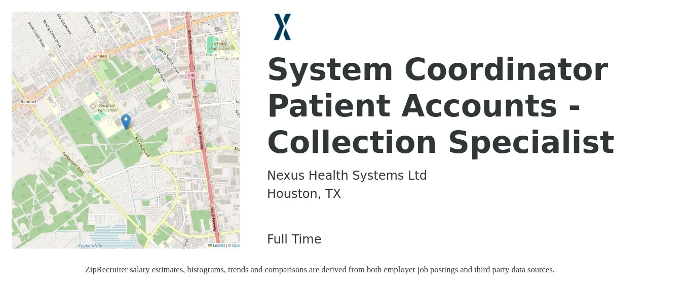 Nexus Health Systems Ltd job posting for a System Coordinator Patient Accounts - Collection Specialist in Houston, TX with a salary of $17 to $22 Hourly with a map of Houston location.