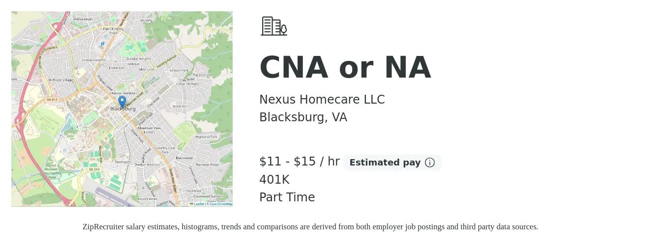 Nexus Homecare LLC job posting for a CNA or NA in Blacksburg, VA with a salary of $12 to $16 Hourly and benefits including 401k with a map of Blacksburg location.
