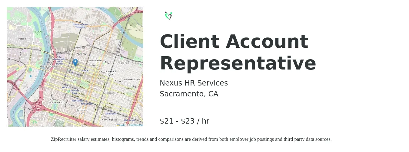 Nexus HR Services job posting for a Client Account Representative in Sacramento, CA with a salary of $22 to $24 Hourly with a map of Sacramento location.