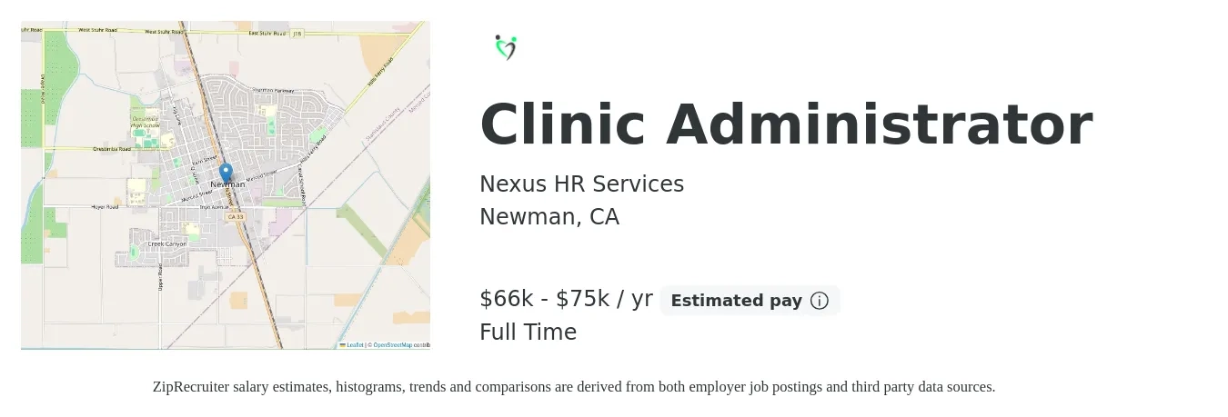 Nexus HR Services job posting for a Clinic Administrator in Newman, CA with a salary of $66,000 to $75,000 Yearly with a map of Newman location.