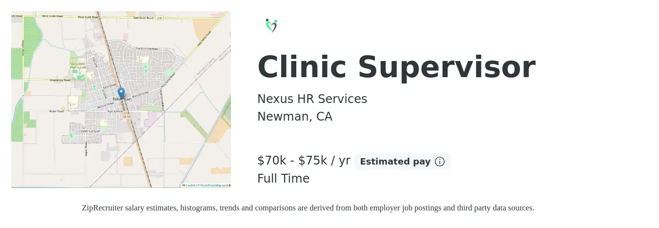 Nexus HR Services job posting for a Clinic Supervisor in Newman, CA with a salary of $70,000 to $75,000 Yearly with a map of Newman location.