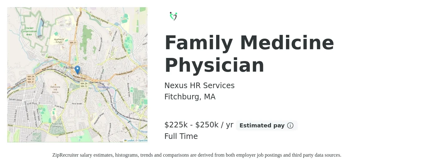 Nexus HR Services job posting for a Family Medicine Physician in Fitchburg, MA with a salary of $225,000 to $250,000 Yearly with a map of Fitchburg location.