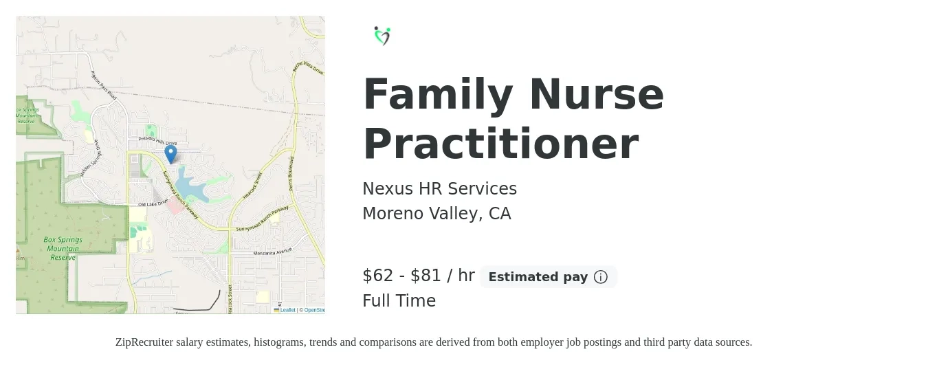 Nexus HR Services job posting for a Family Nurse Practitioner in Moreno Valley, CA with a salary of $65 to $85 Hourly with a map of Moreno Valley location.