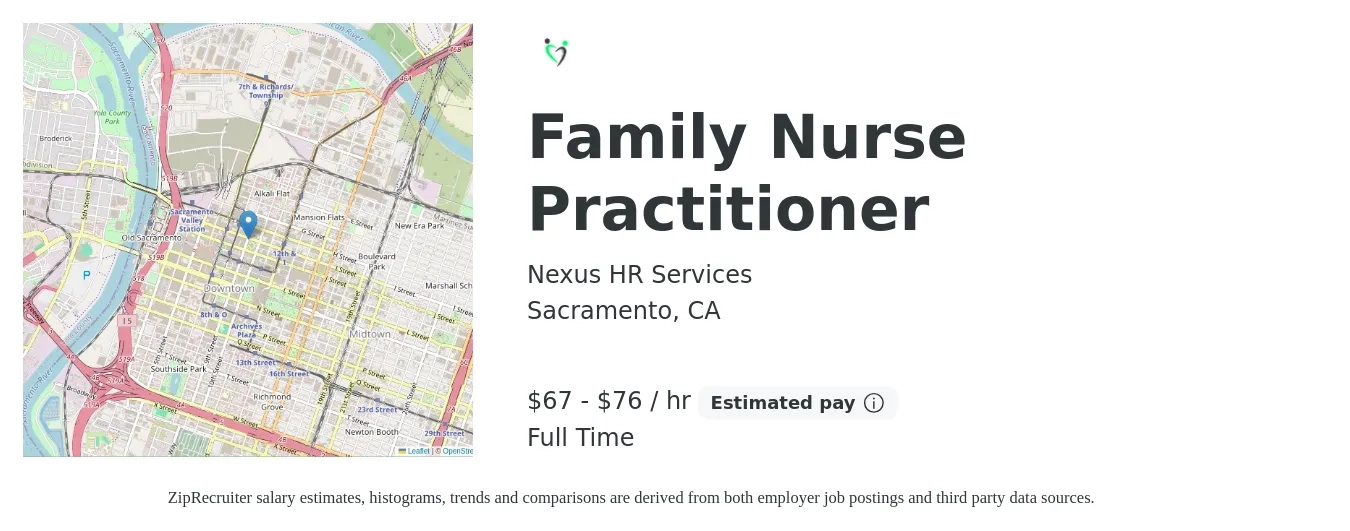 Nexus HR Services job posting for a Family Nurse Practitioner in Sacramento, CA with a salary of $70 to $80 Hourly with a map of Sacramento location.