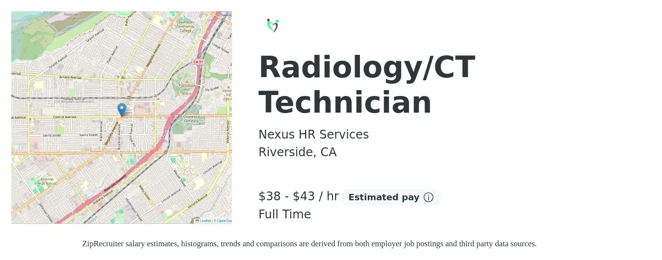 Nexus HR Services job posting for a Radiology/CT Technician in Riverside, CA with a salary of $40 to $45 Hourly with a map of Riverside location.