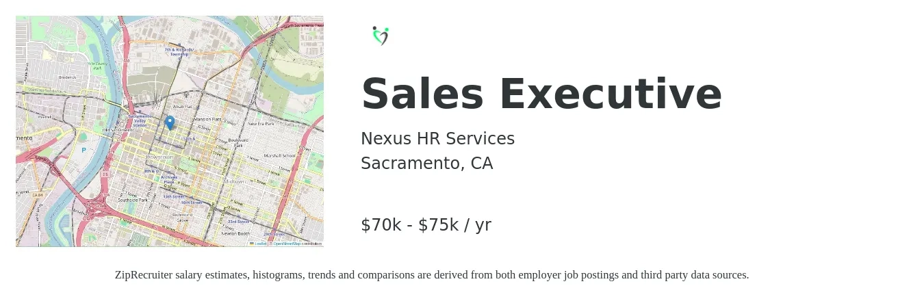 Nexus HR Services job posting for a Sales Executive in Sacramento, CA with a salary of $68,000 Yearly with a map of Sacramento location.