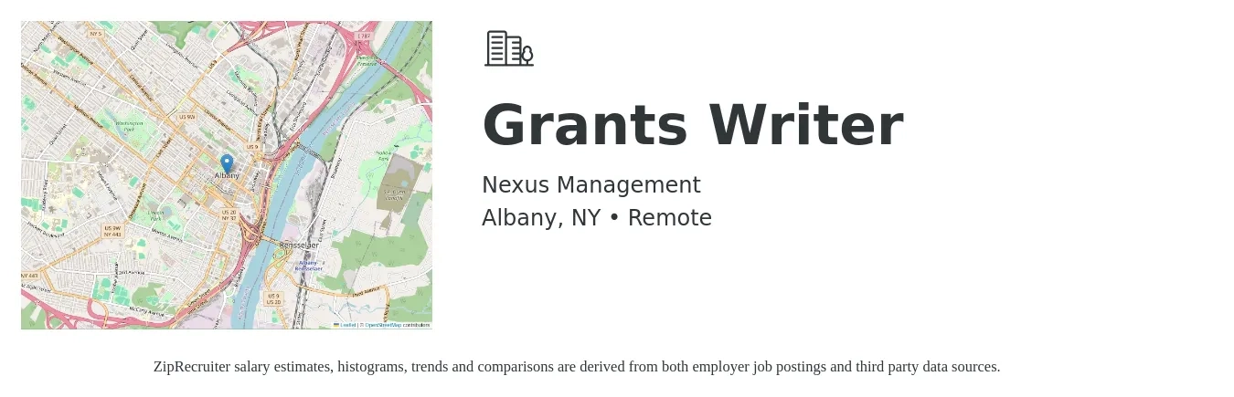 Nexus Management job posting for a Grants Writer in Albany, NY with a salary of $58,458 to $62,396 Yearly with a map of Albany location.