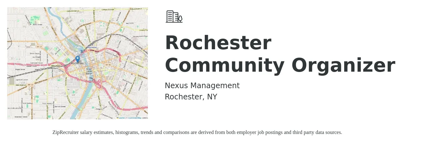 Nexus Management job posting for a Rochester Community Organizer in Rochester, NY with a salary of $44,900 to $60,700 Yearly with a map of Rochester location.