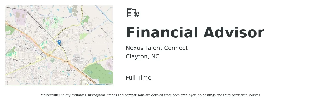Nexus Talent Connect job posting for a Financial Advisor in Clayton, NC with a salary of $63,800 to $111,400 Yearly with a map of Clayton location.