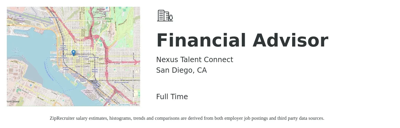 Nexus Talent Connect job posting for a Financial Advisor in San Diego, CA with a salary of $300,000 Yearly with a map of San Diego location.