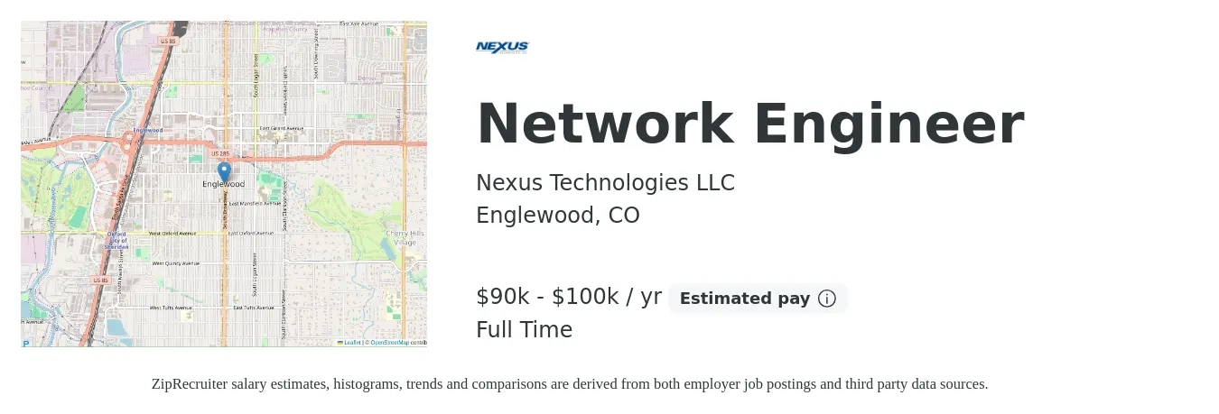 Nexus Technologies LLC job posting for a Network Engineer in Englewood, CO with a salary of $90,000 to $100,000 Yearly with a map of Englewood location.
