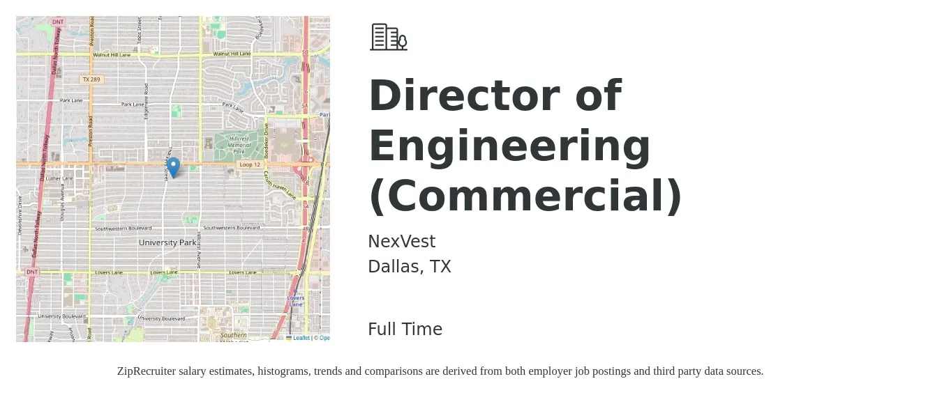 NexVest job posting for a Director of Engineering (Commercial) in Dallas, TX with a salary of $140,100 to $250,400 Yearly with a map of Dallas location.