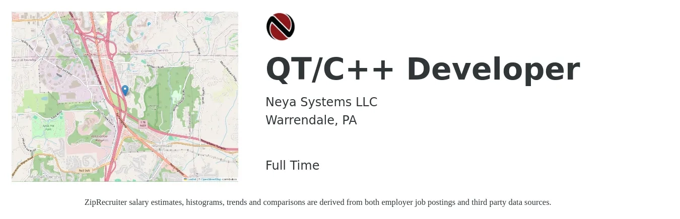 Neya Systems LLC job posting for a QT/C++ Developer in Warrendale, PA with a salary of $48 to $64 Hourly with a map of Warrendale location.