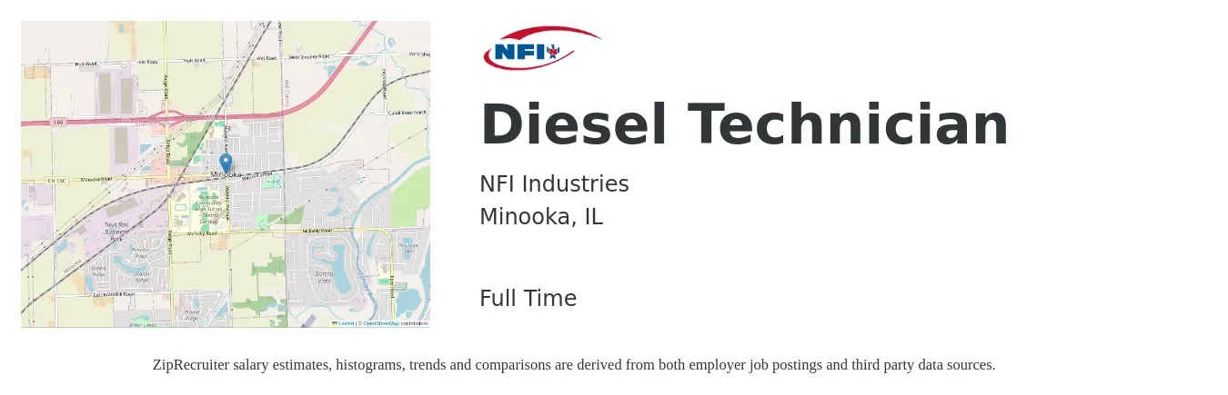 NFI Industries job posting for a Diesel Technician in Minooka, IL with a salary of $29 to $34 Hourly with a map of Minooka location.